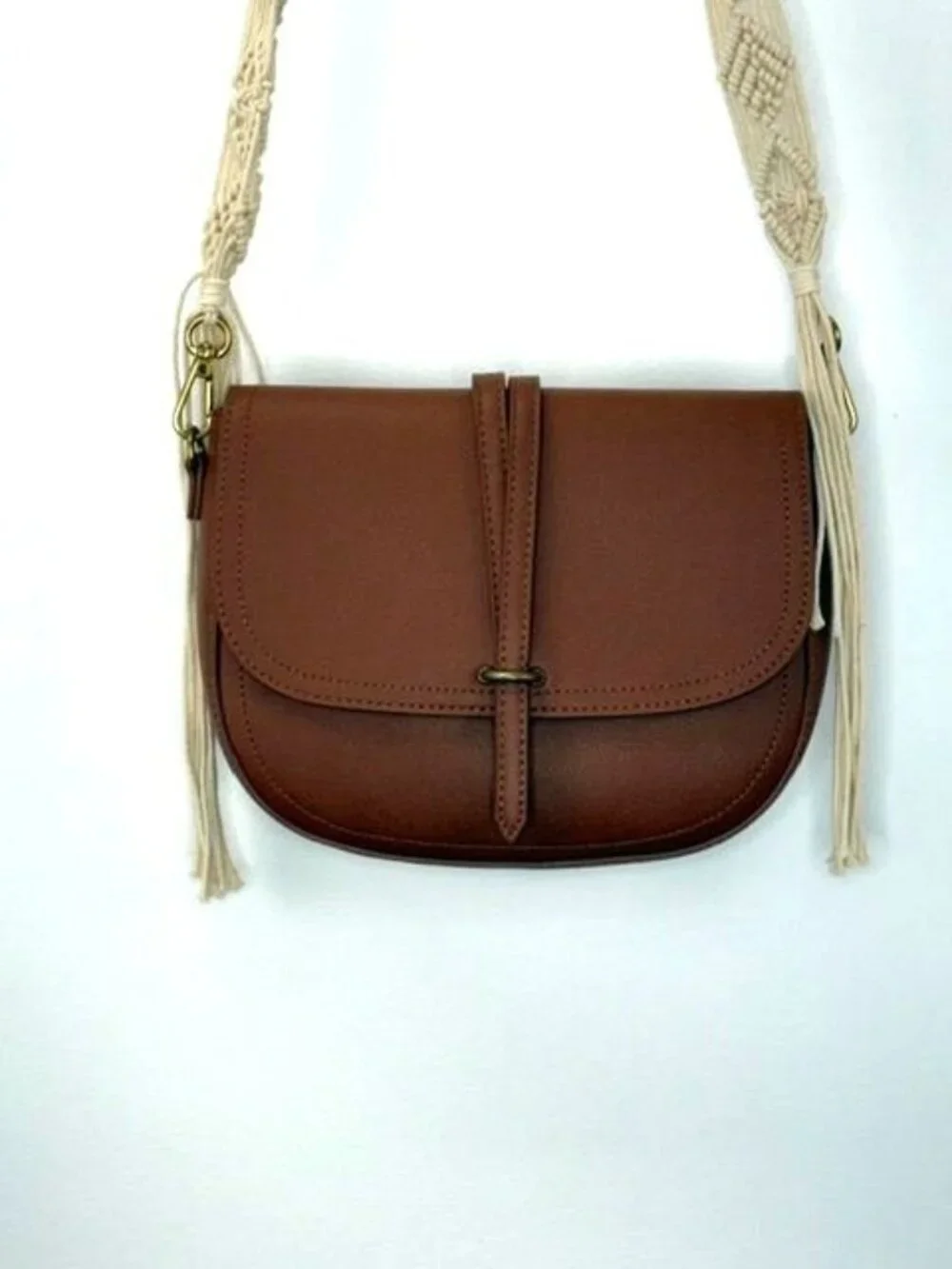 NWOT SCOOP Brown Faux Leather Crossbody Bag Macrame Strap Boho Festival Tassel